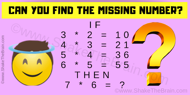 IF  3 * 2 = 10  4 * 3 = 21  5 * 4 = 36  6 * 5 = 55  THEN   7 * 6 = ?