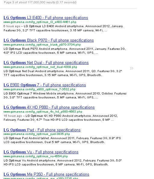 Screenshot of LG Optimus search page