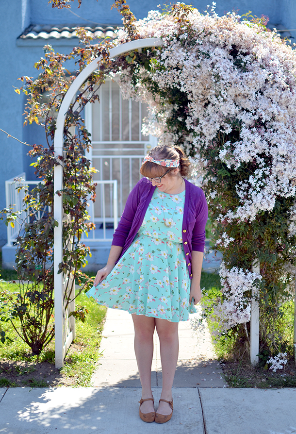 Mint floral Kling dress from Poshmark paired with a purple Madewell cardigan