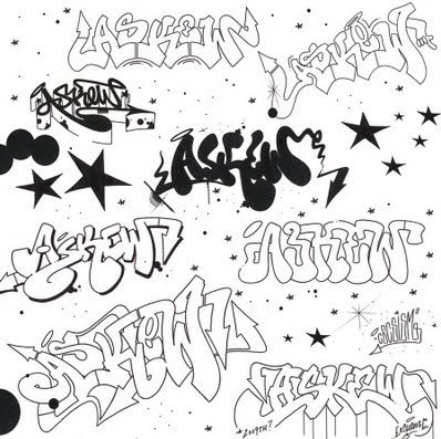 Graffiti sketch with the words Askew with 8 different styles image 