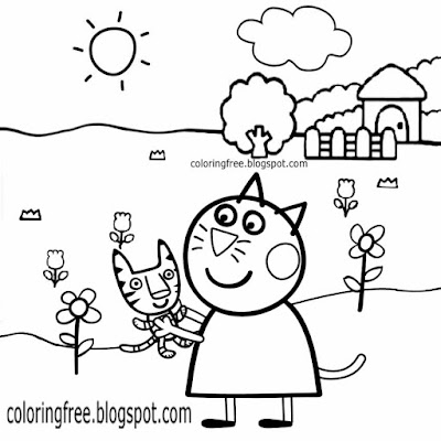 Kitten easy preschool printables British TV cartoon Candy Cat Peppa Pig colouring pages for toddles