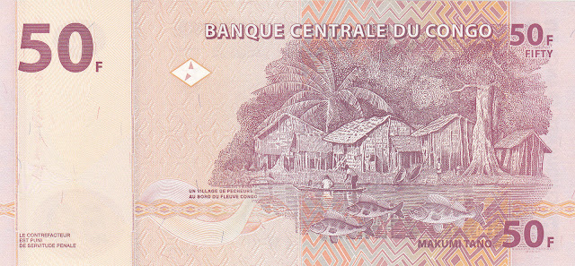 Congo Democratic Republic 50 Congolese francs banknote 2007 Fishermen's village