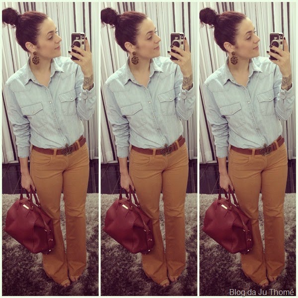 look calça fllare camel e camisa jeans (1)