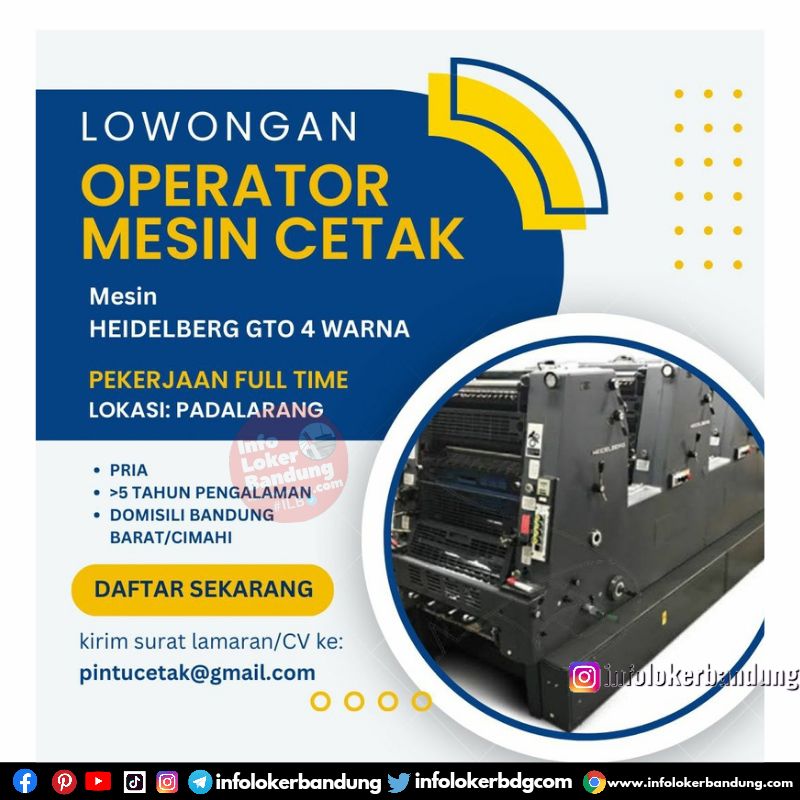 Lowongan Kerja Operator Mesin Cetak Bandung Agustus 2023