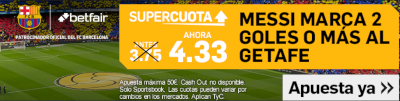 betfair Barcelona vs Getafe Messi marca 2 o más goles cuota mejorada