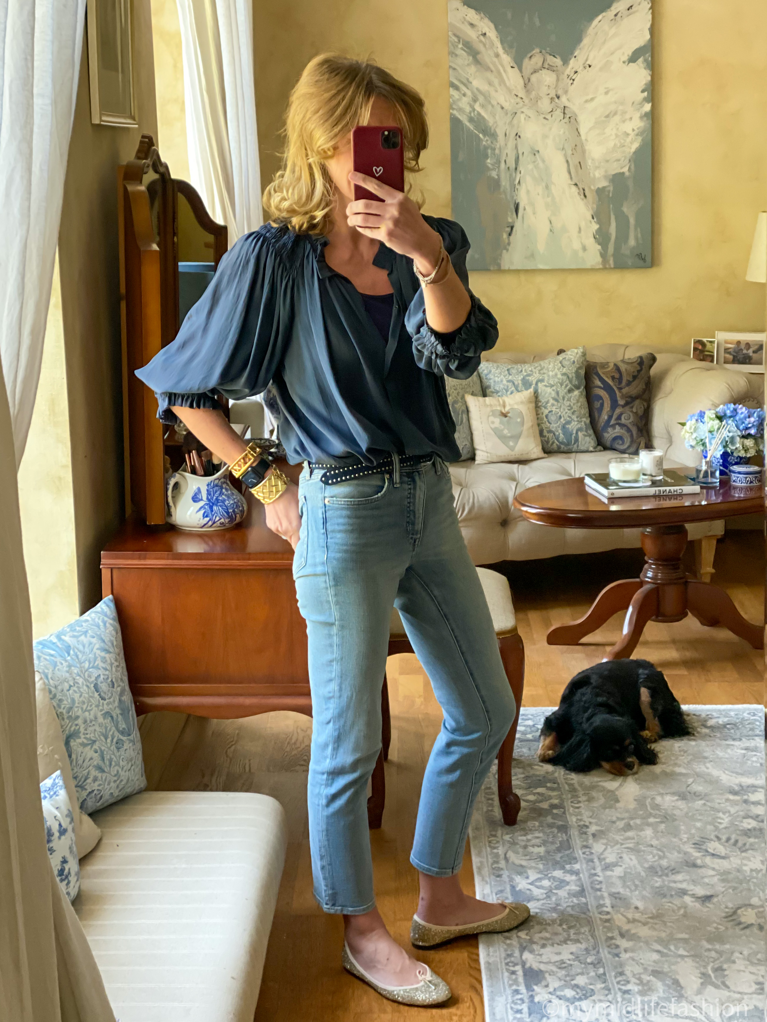 my midlife fashion, Isabel Marant etoile silk blouse, Ralph Lauren cropped straight leg jean, the white company studded leather belt, French sole India glitter ballet pumps