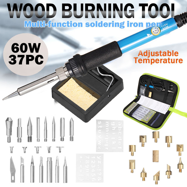 37Pcs 60W Wood Burning Pen Solder Iron Tool Kit Pyrography Craft Tool Woodburning Tips 