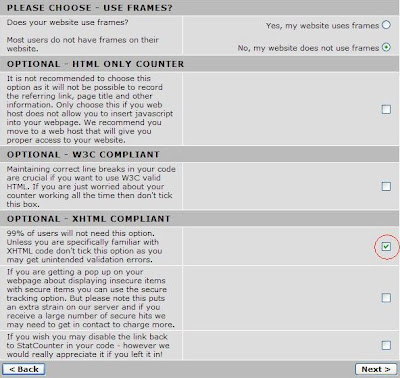 Installing Statcounter, selecting XHTML Compliant