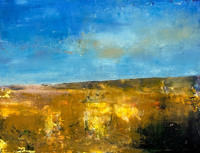Steve Allrich painting of a Cape Cod marsh in autumn under a blue sky.