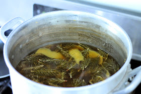 Spruce and grapefruit zest in the kettle.