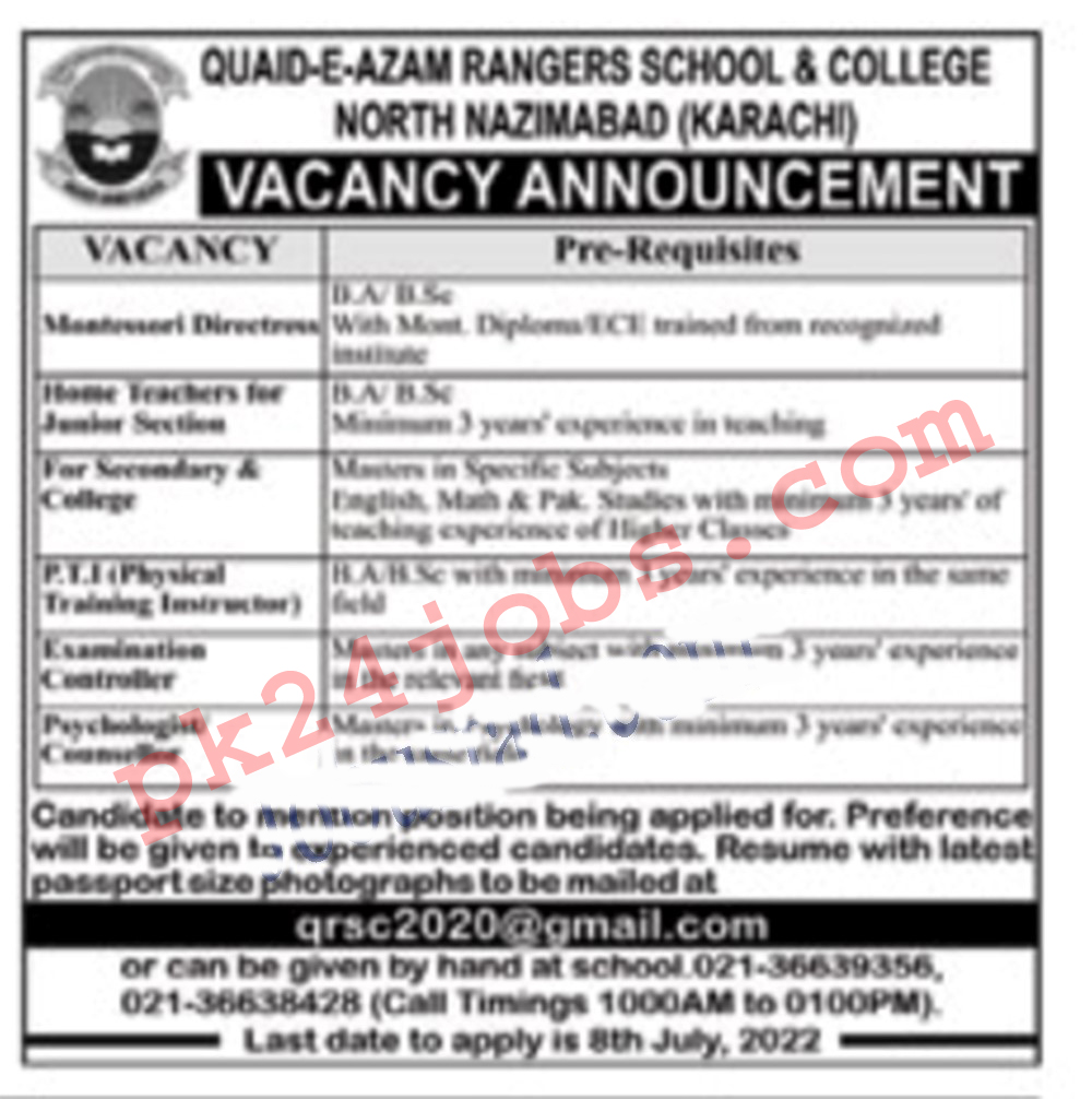 Quaid-e-Azam School Jobs 2022 – Today Jobs 2022