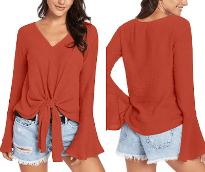 Luyeess Women's V Neck Blouse Long Bell Sleeve Tops Tie Front Knot Loose Shirt