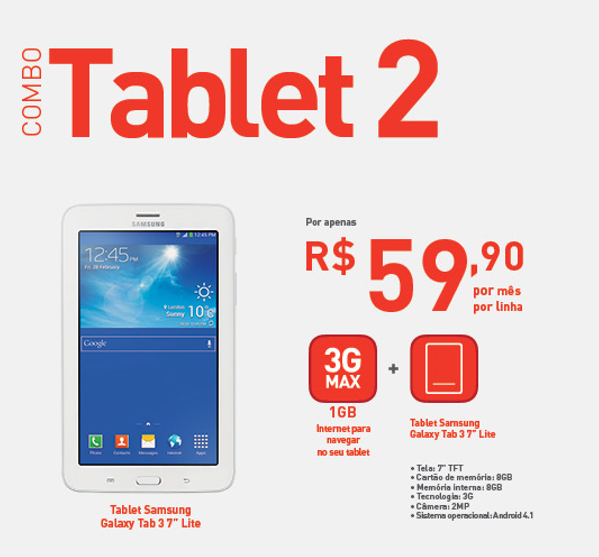 Oferta Combo Tablet 2 da Claro com uma combinação de um Tablet Samsung TAB 3.0 T111 e um pacote de internet 3GMAX de 1GB. Informações ligue(11) 2823-6823