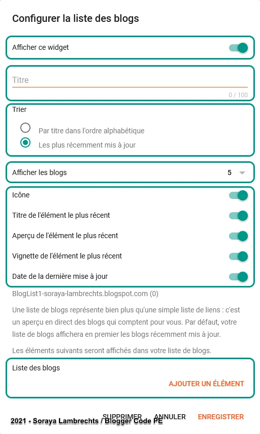 Le panneau de configuration du gadget BlogList