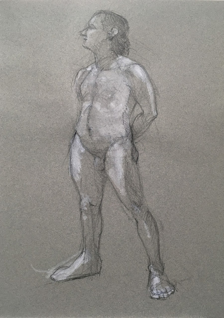 Pencil and white gouache drawing on toned paper of male nude standing with hands behind back, looking up.