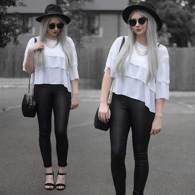 Sammi Jackson // Primark Fedora, Zaful Sunglasses, Everything5pounds Tiered Blouse, Primark Necklace, Everything5pounds Quilted Bag, Primark Wet Look Jeans, Primark Heels