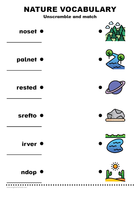 Nature vocabulary worksheet - unscramble words and match to pictures