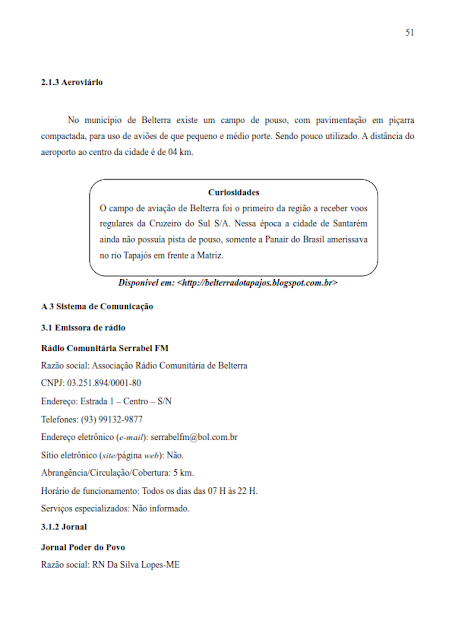 INVENTÁRIO TURÍSTICO DO MUNICÍPIO DE BELTERRA - CATEGORIA A – INFRAESTRUTURA DE APOIO AO TURISMO - ANO BASE 2017