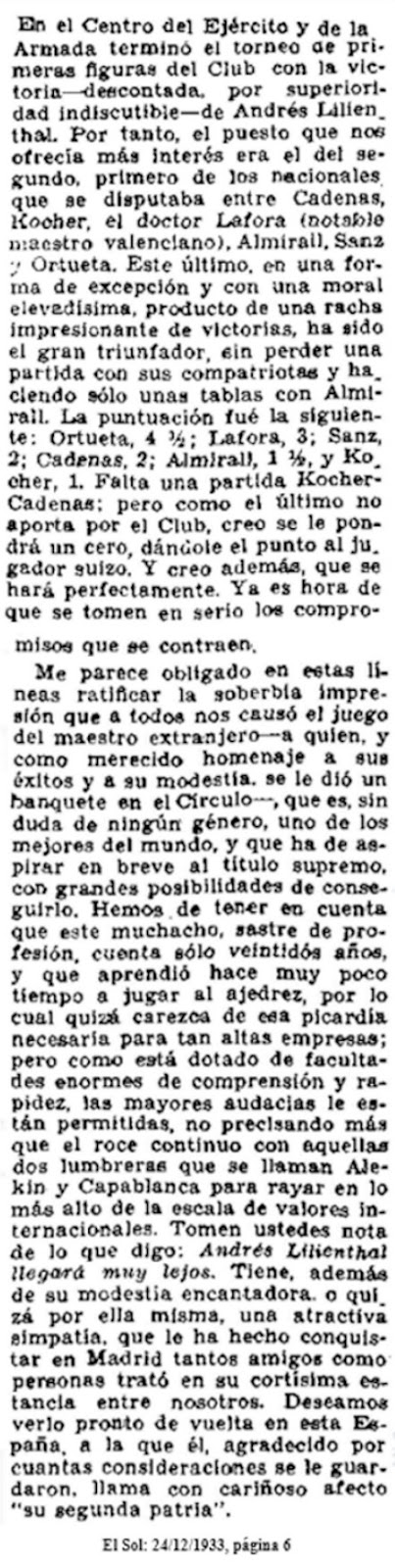 Torneo Internacional de Ajedrez de Madrid 1933, recorte de prensa