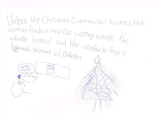 A wheelchair user stick figure looks out the window by a Christmas tree and sees a large box with a bow from Coloplast, a catheter supplier. She says “OK, well, they put a bow on it at least.”