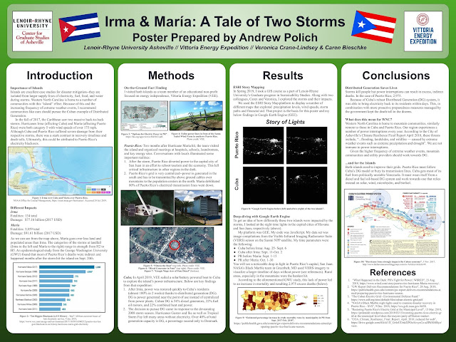 This poster compares Cuban and Puerto Rican Grids after Hurricanes Irma and Maria. It is a culmination of work I did with Vittoria Energy Expedition, an educational non-profit looking at energy independence as well as my sustainability studies at Lenoir-Rhyne University.