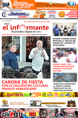 📢 *PRIMERA PÁGINA EL INFORMANTE 24/05/2023* 📢 *Con la información veraz y objetiva*   📲 *LOS TITULARES MÁS IMPORTANTES A ESTA HORA:*  📍 *ROTARY CARORA DONÓ PRÓTESIS A TRAVÉS DEL PROYECTO “MANOS DE ESPERANZA”* http://www.diarioelinformante.com.ve/2023/05/rotary-carora-dono-protesis-traves-del.html  📍 *VENEZUELA AFRONTARÁ EL PASO DE ONDAS TROPICALES EN LAS PRÓXIMAS 48 HORAS*  http://www.diarioelinformante.com.ve/2023/05/venezuela-afrontara-el-paso-de-ondas.html  📍 *ROBERT ADAM: NOS ORGANIZAREMOS PARA APOYAR A BENJAMÍN RAUSSEO*  http://www.diarioelinformante.com.ve/2023/05/robert-adam-nos-organizaremos-para.html  🚘 Ya todo esta listo para la 5ta edición del  🚗 Carorafest 🛻 este fin de semana totalmente tuning 2 días de motores sábado 27 y domingo  28 no vemos en Club Árabe 2:00 pm niños menores de 6 años no pagan ..  👉🏼 Llévate tu cámara gorra, protector solar, pitó,  linterna y vive la experiencia de las válida nacional  donde sólo lo mejores de toda VENEZUELA  dicen presente  🇻🇪😎🔋  📌 *Elija a EL INFORMANTE como su fuente de información veraz* 📌   🫵 *ÚNETE AQUÍ* 🫵 *Síguenos y Comparte*  👉🏼 *https://chat.whatsapp.com/Ge1wYFONTSpB3KEQjxEIIZ* 👍🏼  📲 *0424-507.63.81 / 0416-425.22.96* 🖥️ *Portal: www.diarioelinformante.com.ve*