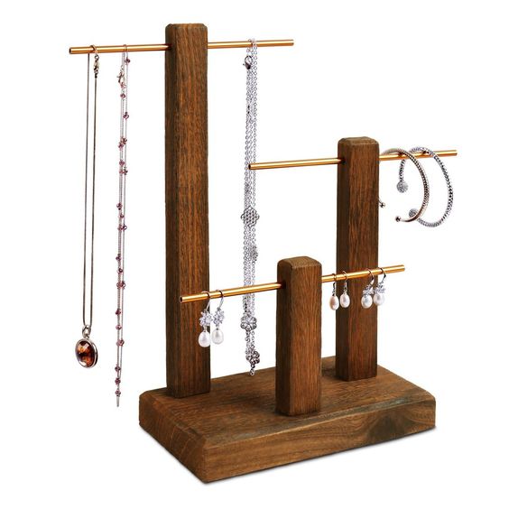 #WD1303-BR 3-Tiers Wooden Golden Aluminum Poles Jewelry Display Stand