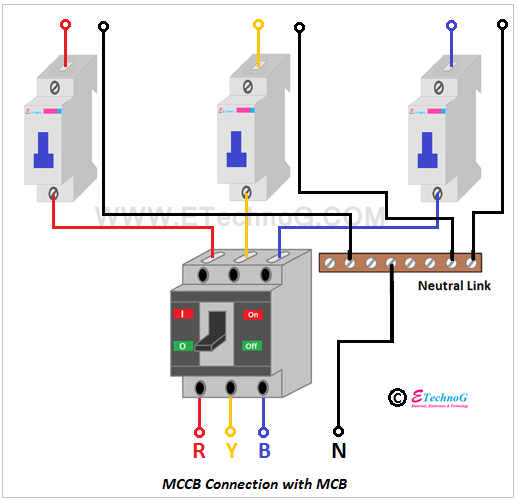 A 3-pole MCCB Connection diagram with three single-pole MCBs