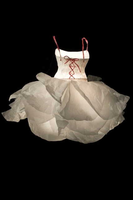 white and pink full skirt sculpted paper dress