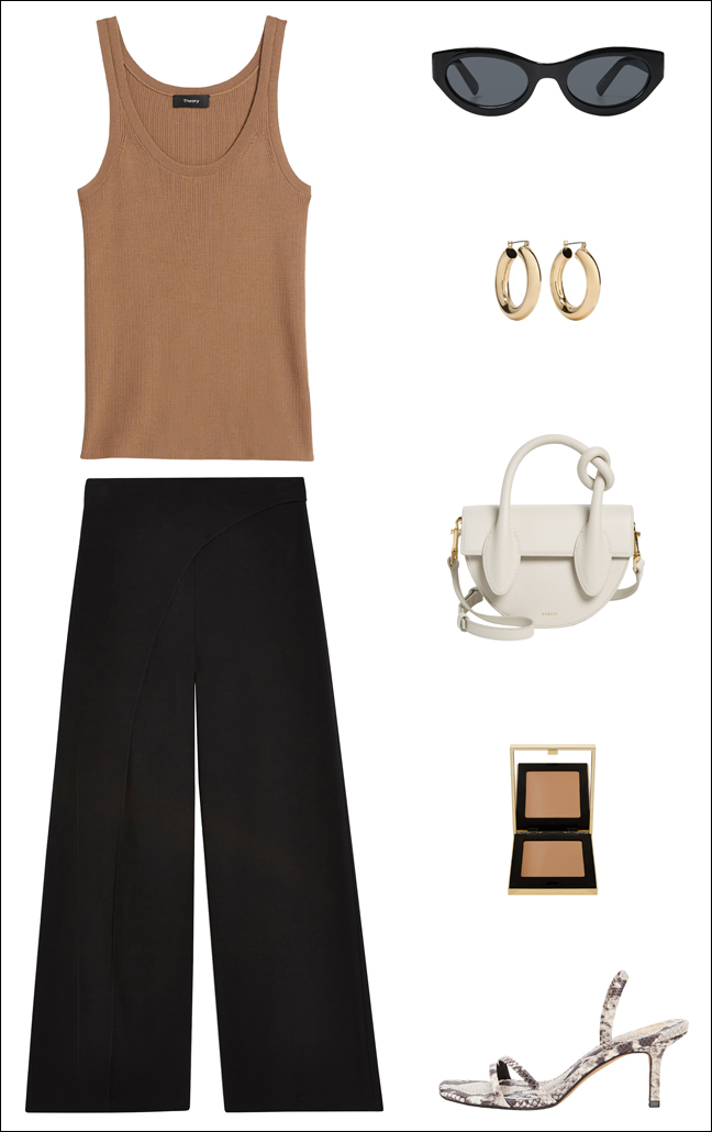 This Easy Neutral Outfit Idea Is Perfect for Summer — Camel Tank Top, Wide-Leg Crop Black Pants, and Snake Print Sandals