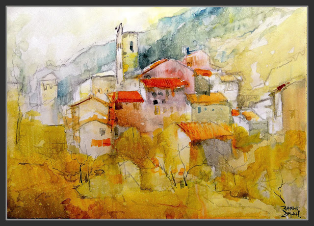 CASTELLAR DE N'HUG-PINTURA-AQUAREL·LA-CASES-CAMPANAR-ESGLESIA-SANTA MARIA-LLUM-MUNTANYA-PINTOR-ERNEST DESCALS