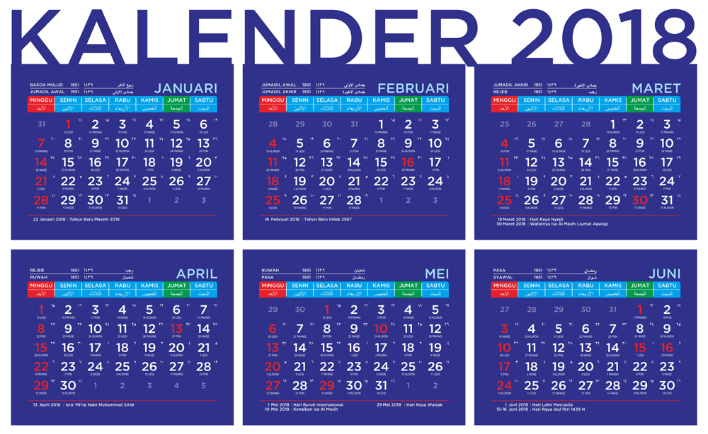 Kalender 2018 dengan Penanggalan Jawa dan Arab serta Hari 