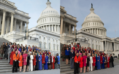 The Atlantic Wire on Twitter: Nancy Pelosi's office photoshopped more women into Congressional women's photo.Split-view of original and altered photos.