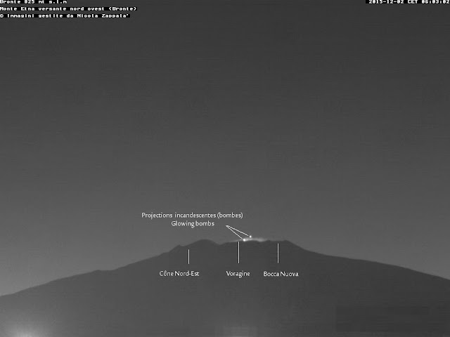 Projections incandescentes au dessus du cratère Voragine du volcan Etna, 02 decembre 2015