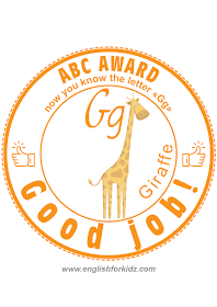 Printable awards for English alphabet learning -- letter G is for giraffe