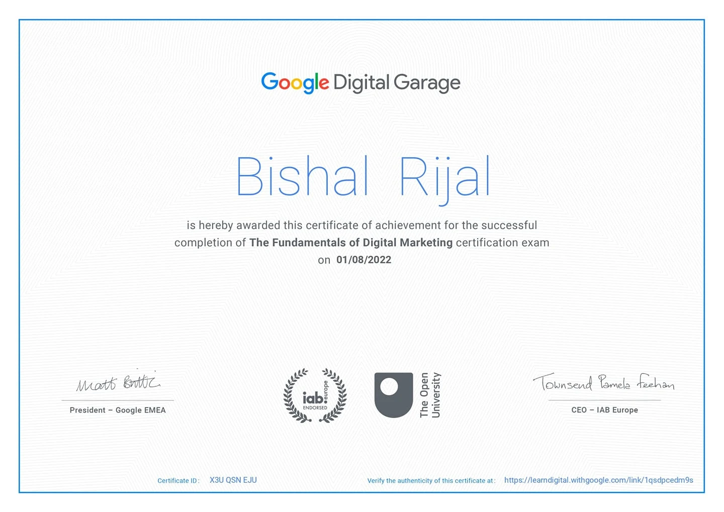 Bishal Rijal's google fundamental of digital marketing