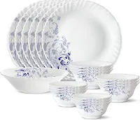 Larah by Borosil Blue Eve Silk Series Opalware Dinner Set | 19 Pieces for Family of 6 | Microwave & Dishwasher Safe | Bone-Ash Free | Crockery Set for Dining & Gifting | Plates & Bowls | White