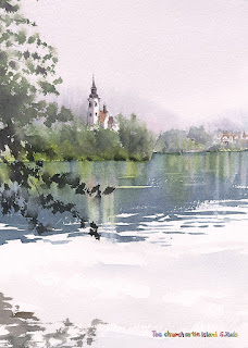 水彩画　湖上の教会　