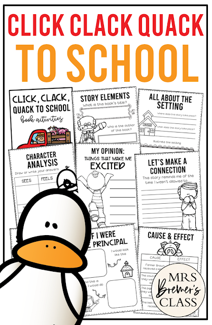 Click Clack Quack to School book activities unit with literacy companion activities and a craftivity for Kindergarten and First Grade