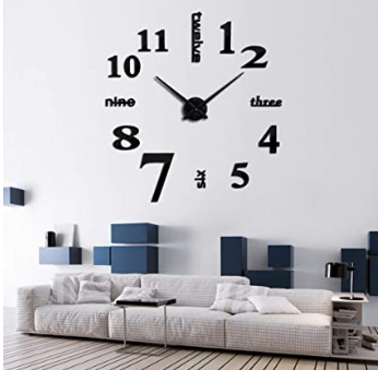 SIEMOO Large DIY Wall Clock Kit, 3D Frameless Wall Clock Kit Modern Design Mirror Number Stickers Clock for Home Living Room Bedroom Office Decoration-Black