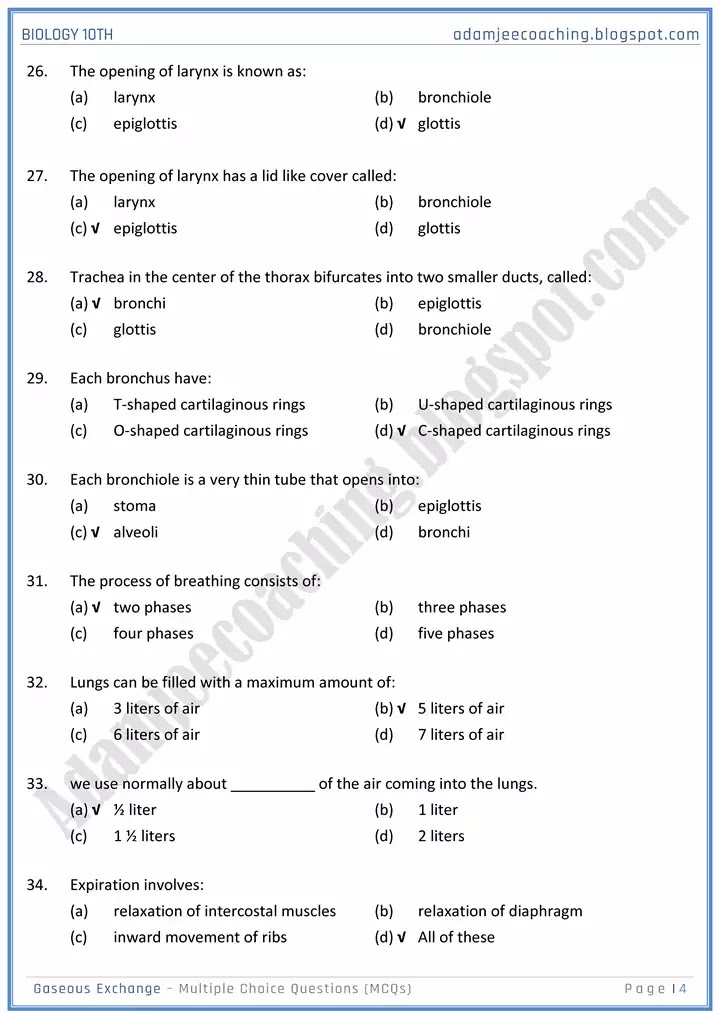 gaseous-exchange-mcqs-biology-10th