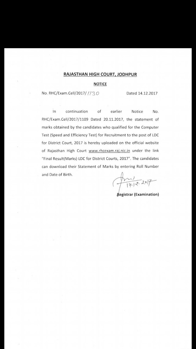 Rajasthan high court LDC 2017 typing test marks declared