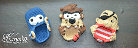 Buciki, kapcie dziecięce w kształcie cistaeczkowego potwora, diabła tasmańskiego, pirat - zrobione na szydełku techniką amigurumi. Crochet baby boots in shape of cookie monster, tasmanian devil crochet, pirate inspired amigurumi