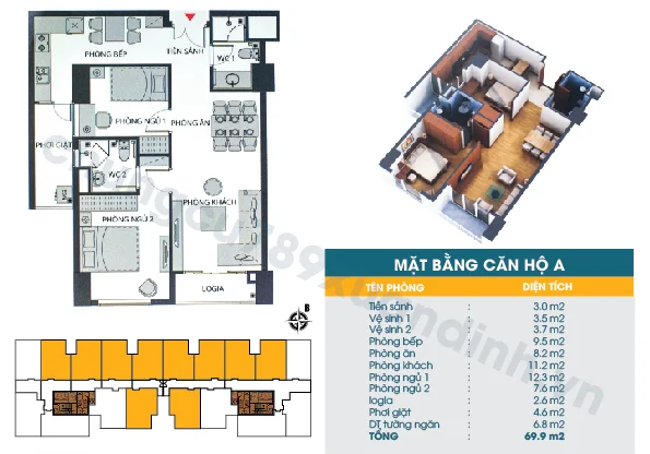 Diện tích căn hộ loại A :69,90m2