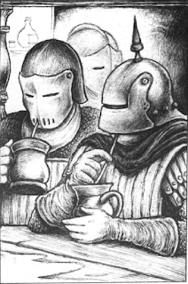 Two fully armored guards enjoying a drink, using straws that fit between the gaps in their visors.