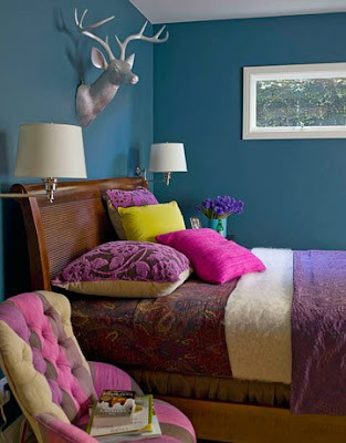Bright teal blue bedroom,