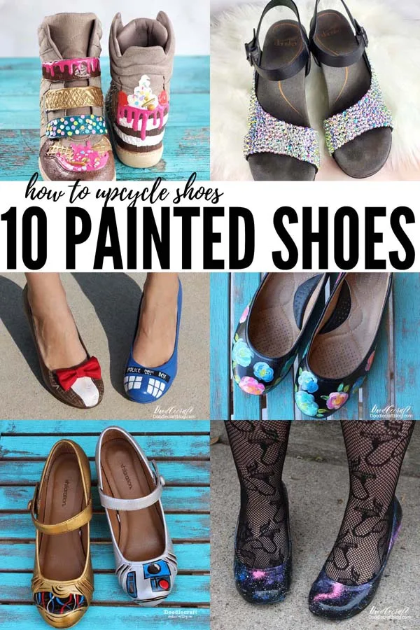 10 Upcycled Painted Shoes Glow Up DIY  I love upcycled shoes!   I love giving new life to clothing items so they don't just end up in the landfill.   I am a big fan of the old adage: "Use it up, wear it out, make it do--or do without!"   I have been upcycling and painting shoes for decades.    There are so many fun ways to paint and upcycle shoes.   So go through your closet and find a long lost pair of shoes that needs a GLOW UP!   Decide how you want to upcycle your shoes...are you going to paint them, wax them, bling them or dye them!?   I've got a million more ideas in my head, but here are ten upcycled painted shoes that hopefully inspire you to give your wardrobe a refashion!   10 Glow Up Shoes in no particular order!