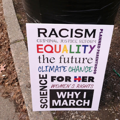 Why I March sign: Racism, Criminal Justice Reform, Equality,  Planned Parenthood, the future, Climate change, For Her, Women's Rights, Science