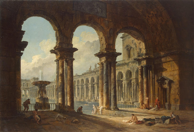Ancient Ruins Used as Public Baths by Hubert Robert - Architecture, Landscape Paintings from Hermitage Museum