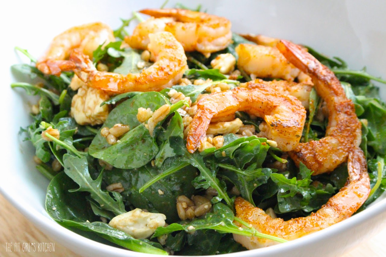 Farro Arugula Salad with Grilled Shrimp and Feta